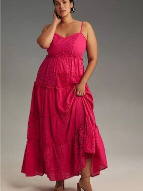 Anthropologie Sleeveless Patchwork Lace Tiered Maxi Dress with Spaghetti Straps